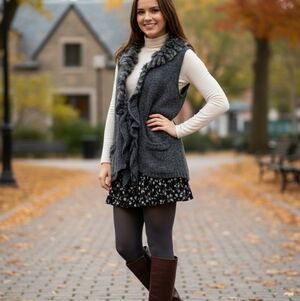 Cute Sioni Women's Dark Gray Sleeveless Cardigan with Faux Fur Trim